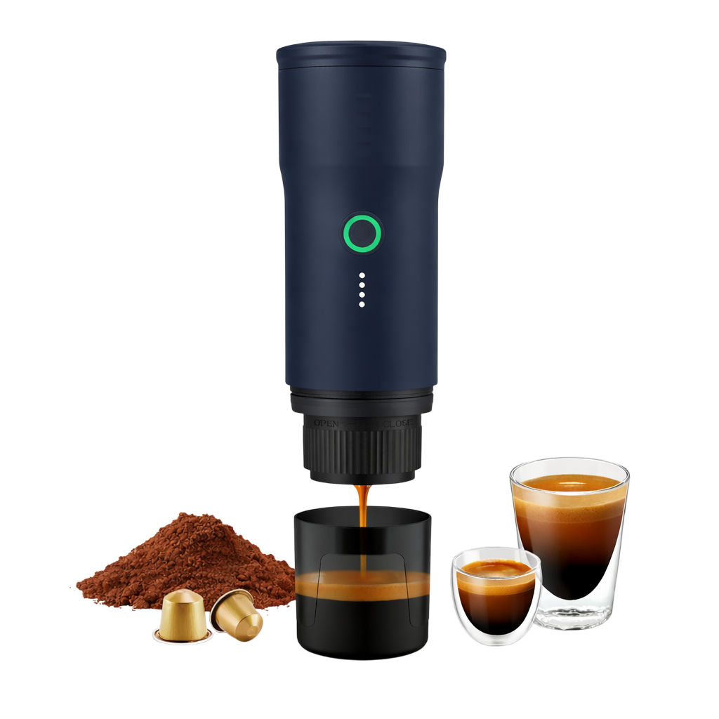 Portable espresso maker brewing espresso, with coffee grounds, capsules, and two glasses of espresso